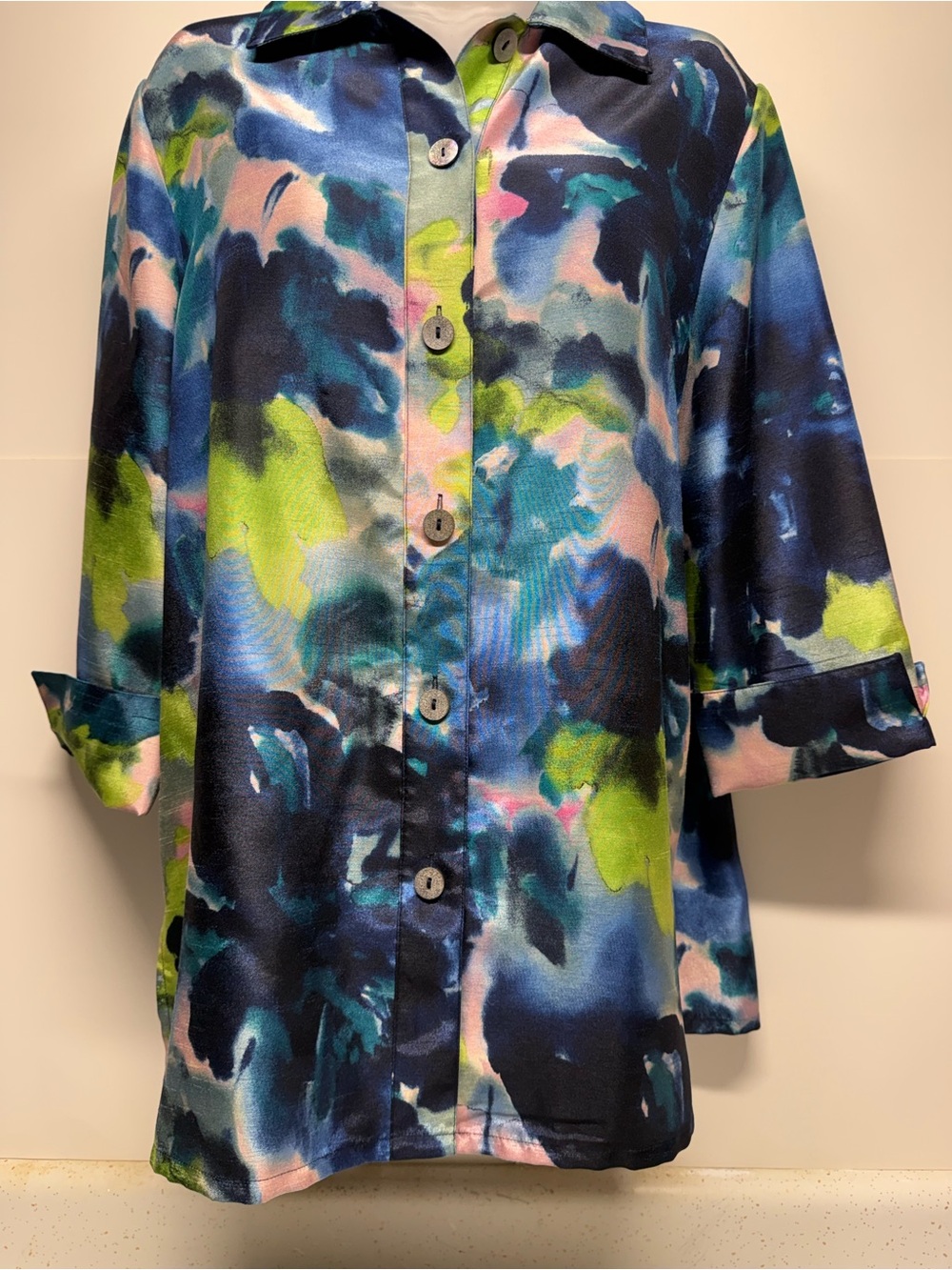 Watercolor Button-Front Blouse in Blue, Pink & Green